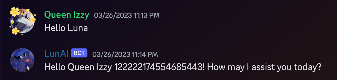 A Discord screenshot showing LunAI referring to me with my name and my Discord user ID